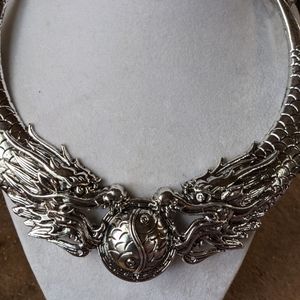 Silver plated (NOT STERLING) dragon necklace. See dimensions below. Detailed.